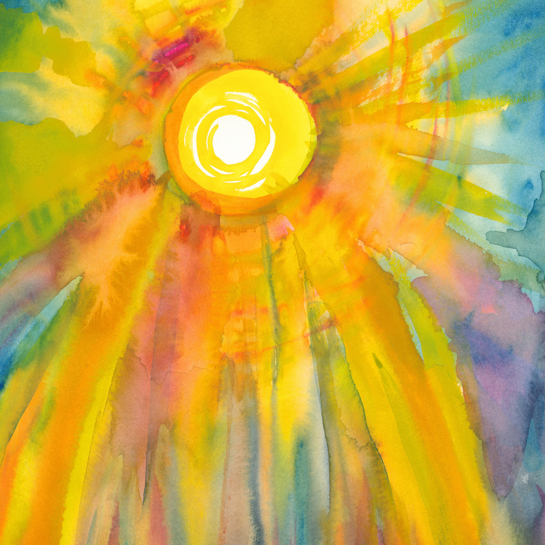 A child’s watercolor painting of a bright sun with rays of color