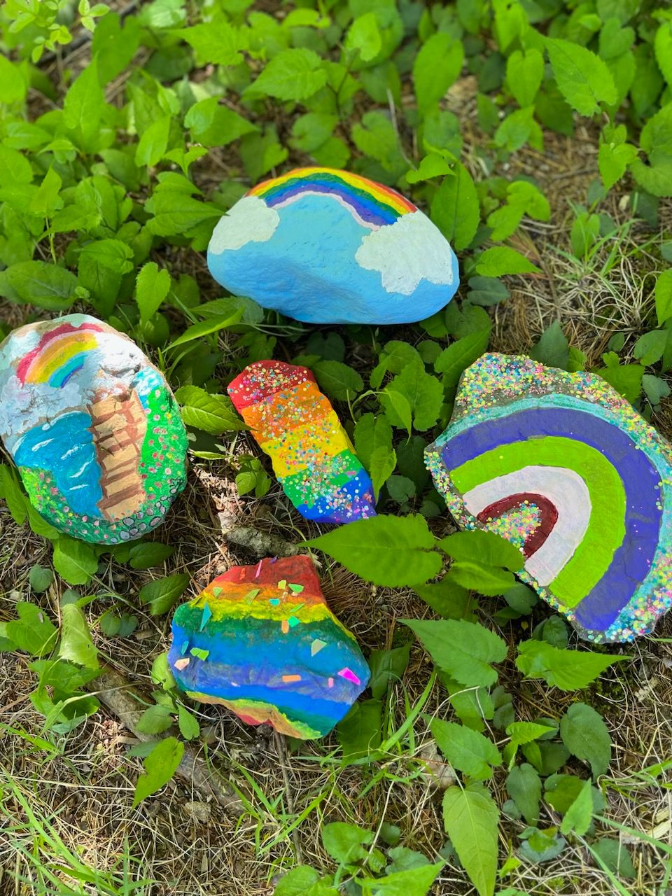 Rocks painted with rainbows, resting in green leaves